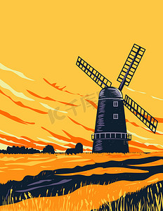 双旦狂欢海报摄影照片_Drainage Windmill in the Norwich in the Norfolk Broads Within the Broads National Park 英国英国装饰艺术 WPA 海报艺术