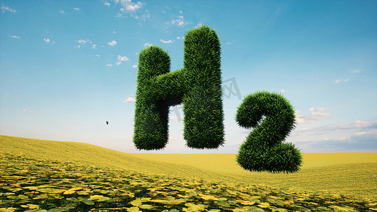 绿氢能源摄影照片_文本绿草 H2 生态技术概念可再生清洁能源能源 3d 渲染