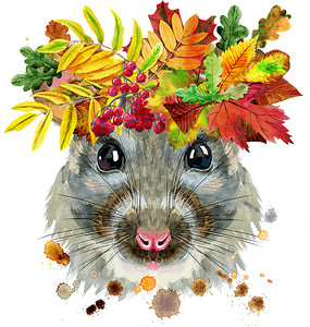 用树叶花环泼溅的老鼠水彩肖像