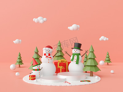 粉红色背景中带雪人和圣诞树的圣诞场景讲台，3d 渲染