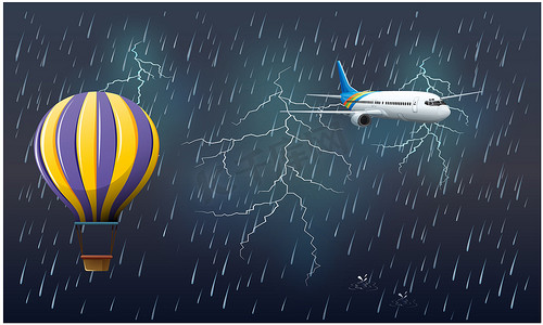 飞机大海摄影照片_热气球和飞机飞行雷暴背景