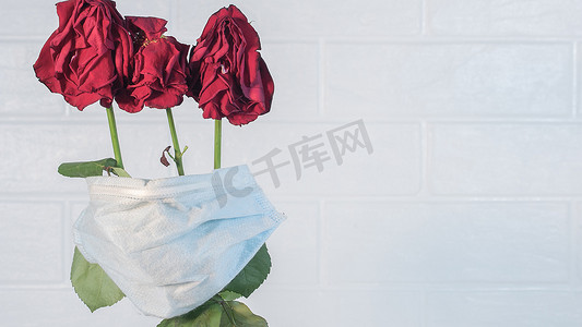 玫瑰气球摄影照片_医用口罩中三朵枯萎的玫瑰作为covid pa的象征