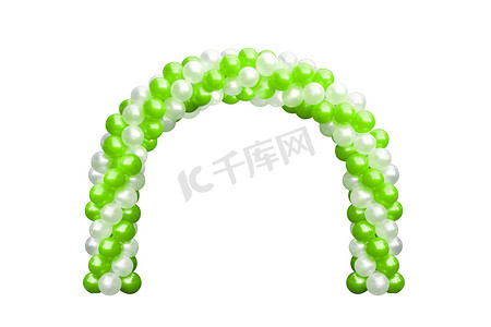 气球拱门门绿色和白色，拱门婚礼，气球节设计装饰元素与拱形花卉设计隔离在白色背景