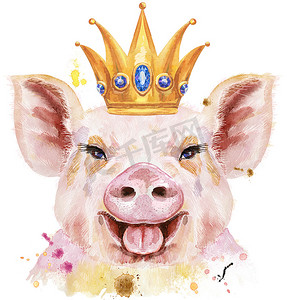 带皇冠的猪水彩肖像。
