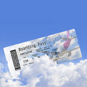 订票摄影照片_在多云的天空中隔离的航空公司登机牌票 — 故事