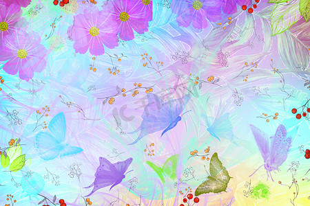 花朵装饰叶子摄影照片_抽象图像：蝴蝶和花朵与叶子。