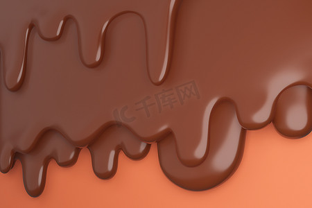 融化的牛奶棕色巧克力流下来。，3d 模型和插图。