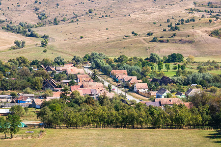 罗马尼亚乡村的鸟瞰图，有植被、田地和房屋。