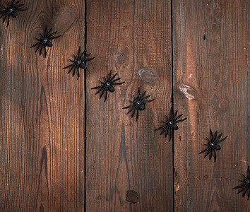 黑蜘蛛摄影照片_棕色木质背景上的黑蜘蛛雕像