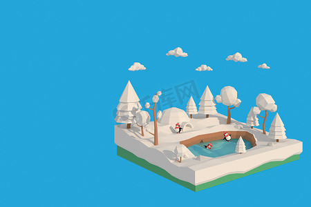 3D 插画企鹅村。 
