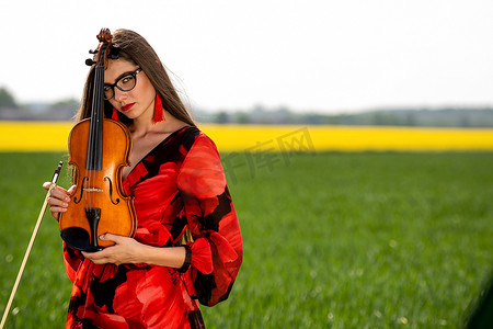 音乐家图片摄影照片_身穿红色连衣裙、在绿色草地上拉小提琴的年轻女子 — 图片