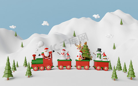 圣诞快乐，新年快乐，圣诞火车与圣诞老人和朋友在雪山的场景，3d 渲染