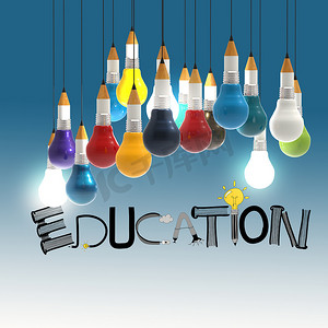 教育摄影照片_铅笔灯泡 3d 和设计词教育作为概念
