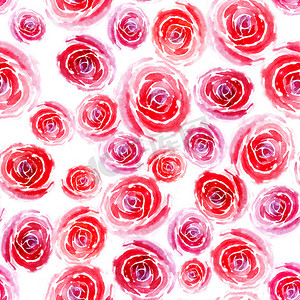 手绘花朵插图摄影照片_白色背景上不同大小的水彩粉色和红色玫瑰的无缝图案