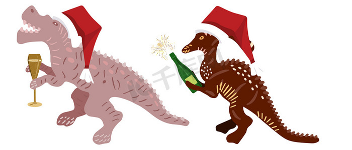 可爱的圣诞元素摄影照片_可爱的圣诞恐龙与香槟和红色圣诞老人帽子隔离在白色背景。