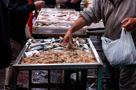 卡塔尼亚街头鱼市卖海蝉的推销员