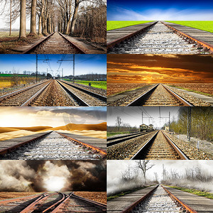 铁路钢轨摄影照片_许多风景拼贴中的铁路
