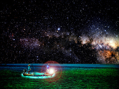 银河和海洋之间地平线上的渔船，元素 o