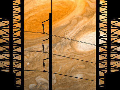 剪影建筑和木星背景