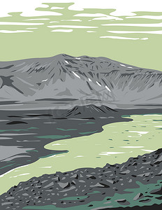 Aniakchak 国家纪念碑和自然保护区阿拉斯加半岛偏远荒野中的火山口 WPA 海报艺术