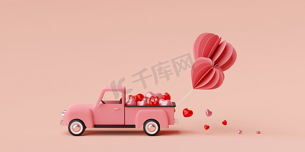 满心摄影照片_装满心形气球的卡车情人节横幅背景，带礼盒，3D 渲染