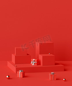 红色几何形状讲台场景与产品广告礼品，3D 渲染