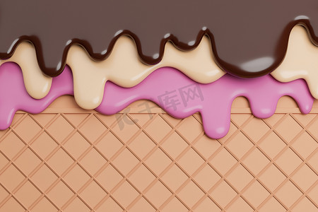 华夫饼插图摄影照片_巧克力、香草和草莓冰淇淋融化在晶圆背景上。，3D 模型和插图。