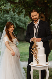 新婚夫妇愉快地切开并品尝结婚蛋糕
