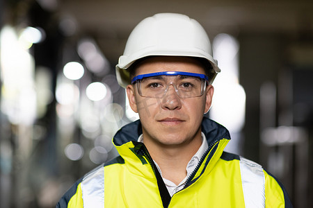 专业自信的严肃工程师看着相机，穿着安全制服和护目镜站在重工业工厂，准备在员工进行金属焊接时进行制造工作