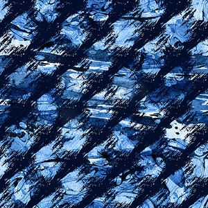 画笔描边线条纹几何 Grung 图案在蓝色背景下无缝。 