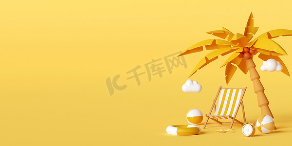 暑假概念，黄色背景棕榈树下的沙滩椅和配饰，3d 插图