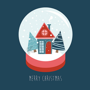 矢量小房子摄影照片_圣诞快乐的雪球，雪下有一栋小房子和一棵冷杉