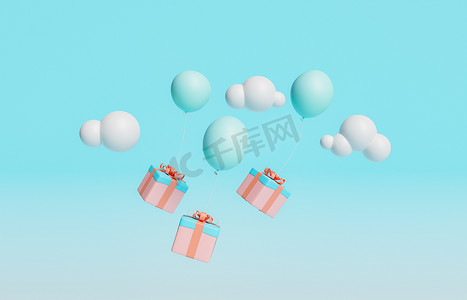云彩3d摄影照片_绑着气球和云彩飞翔的礼物