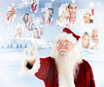 圣诞老人指着圣诞人拼贴画的复合图像