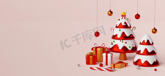 新横幅摄影照片_圣诞树的圣诞横幅明信片场景与礼物，3d 插图