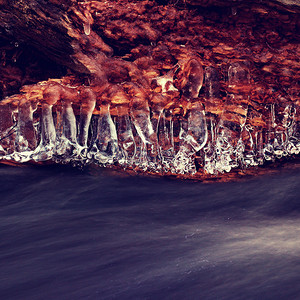 瀑布水流摄影照片_运动模糊水流上方的结构冰