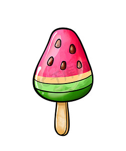 西瓜冰西瓜冰摄影照片_一幅彩色糖果图的插图：一根棍子上的冰淇淋，味道和设计就像白色孤立背景上的一片西瓜