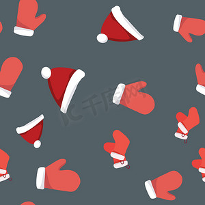 创意树矢量摄影照片_红色圣诞老人手套和圣诞帽无缝图案的集合。