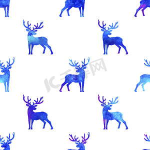 驯鹿圣诞水彩鹿雄鹿无缝图案蓝色。