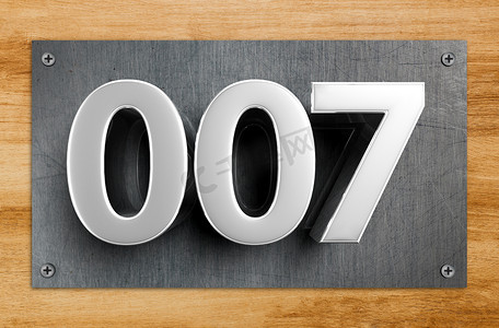 收集积分摄影照片_渲染 3D 插图不锈钢标志编号 007 挂在房间门上。（带剪切路径）。