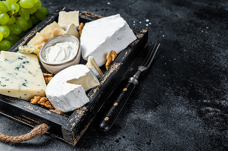 什锦奶酪拼盘，包括布里奶酪、卡门培尔奶酪、羊乳干酪、帕玛森奶酪、蓝奶油奶酪、葡萄和坚果。