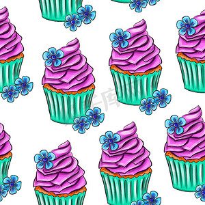 白色背景上的插图数字绘图甜松饼蛋糕无缝图案