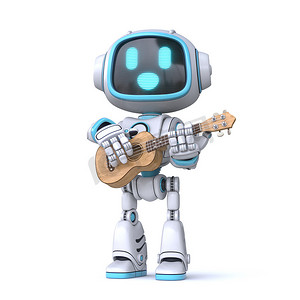 玩四弦琴 3D 的可爱蓝色机器人