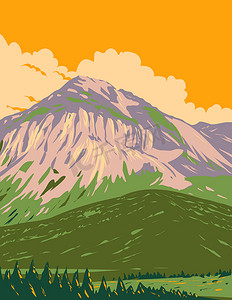 瑞士国家公园与皮兹奈尔和布法罗拉在瑞士东部的西雷蒂亚阿尔卑斯山装饰艺术 WPA 海报艺术
