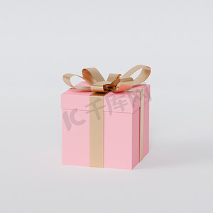 白色背景上带金色丝带的粉红色礼品盒，3d 渲染
