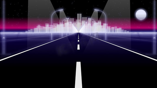 夜晚城市道路 80 复古背景循环 3d 渲染