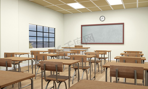 空的教室摄影照片_空荡荡的学校教室内部 3d 插图