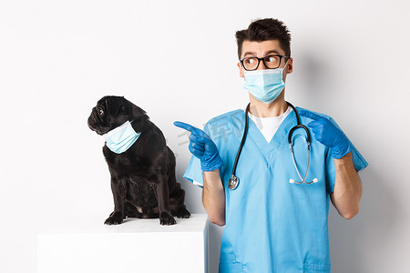 戴面罩的可爱黑哈巴狗向左看着促销横幅，而兽医诊所的医生指指点点，站在白色背景上