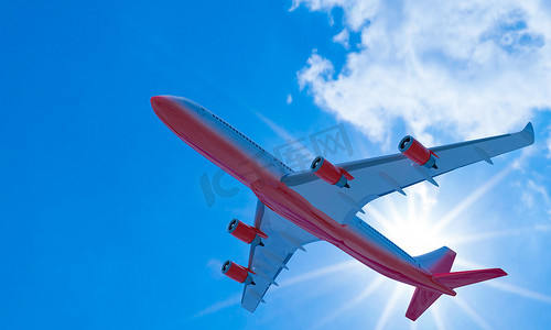 客机白色红色条纹在天空中飞行。