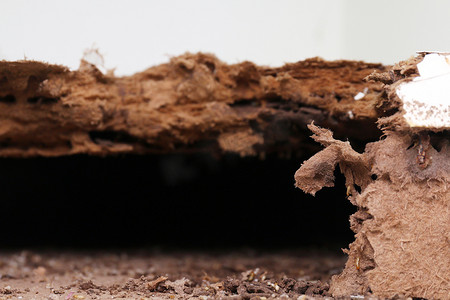 巢穴白蚁、巢穴白蚁背景、被白蚁或白蚁吃掉的损坏木头（选择性焦点）
